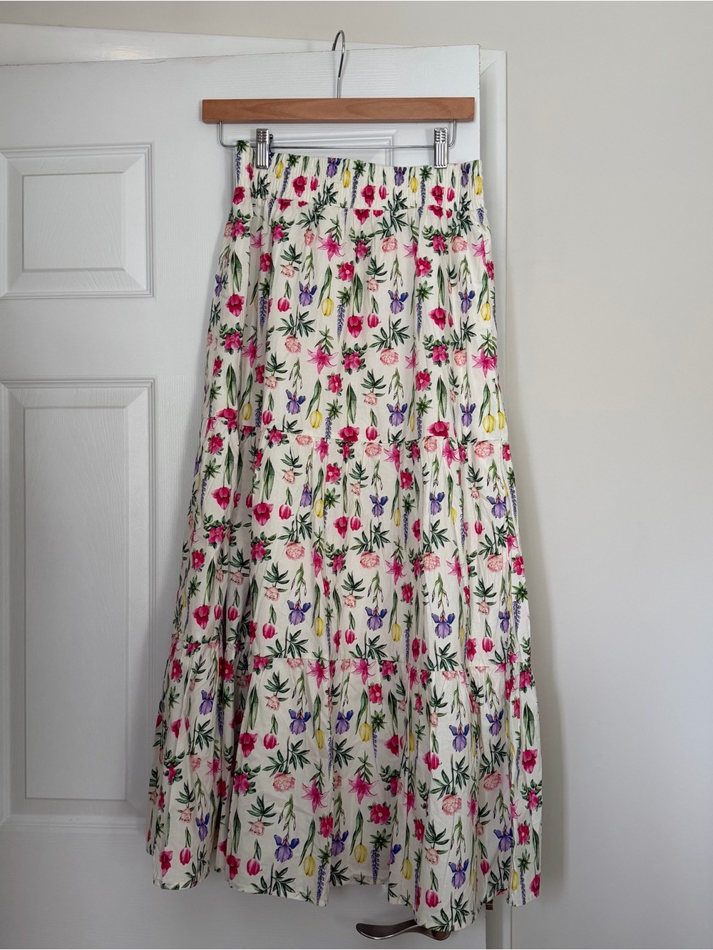 NWOT | Floral Tiered Maxi Skirt - White with Pink, Purple & Yellow Blooms